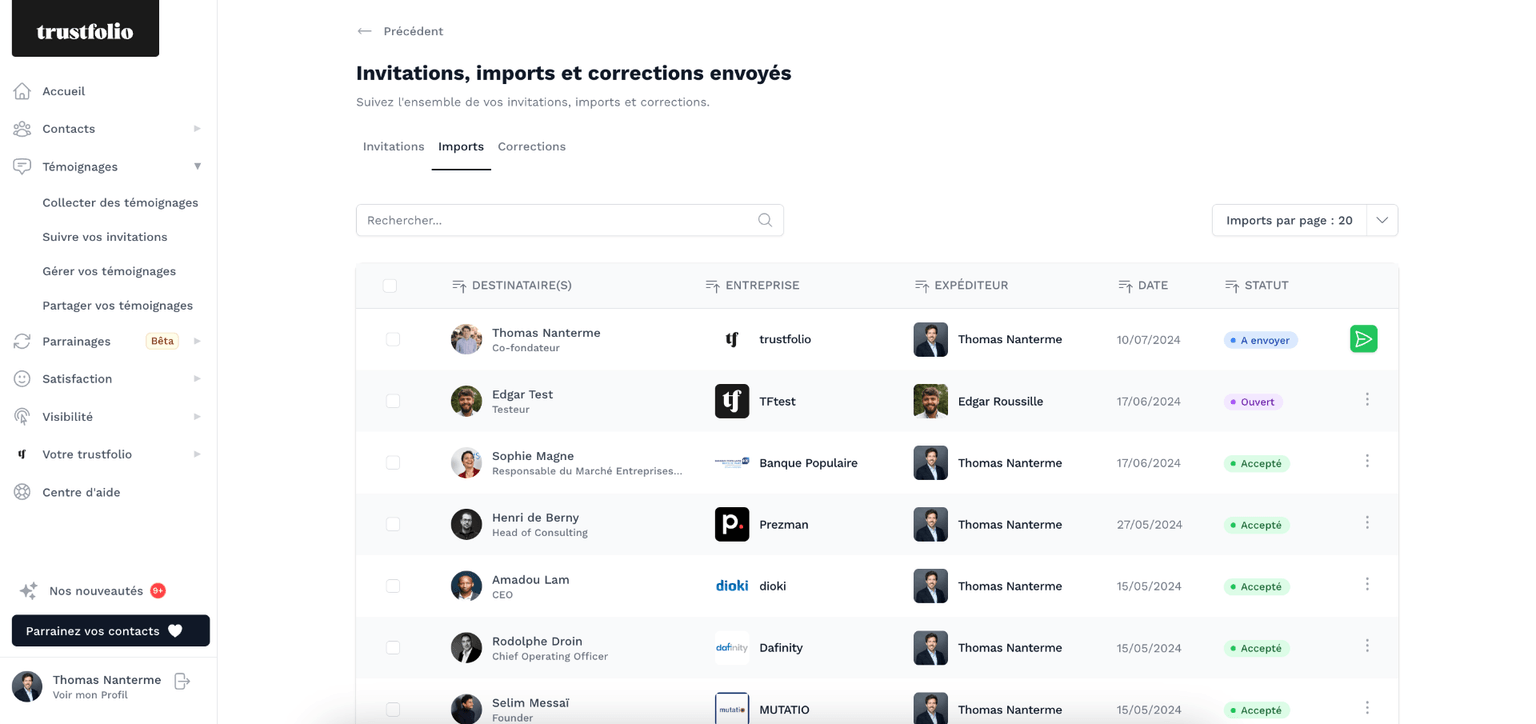 Suivi des invitations d’avis importés