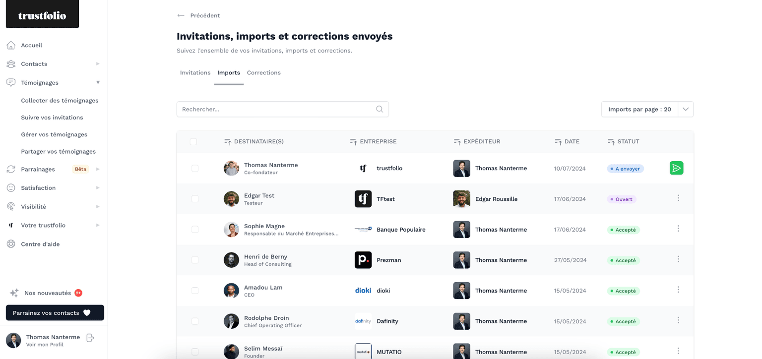 Suivi des invitations d’avis importés