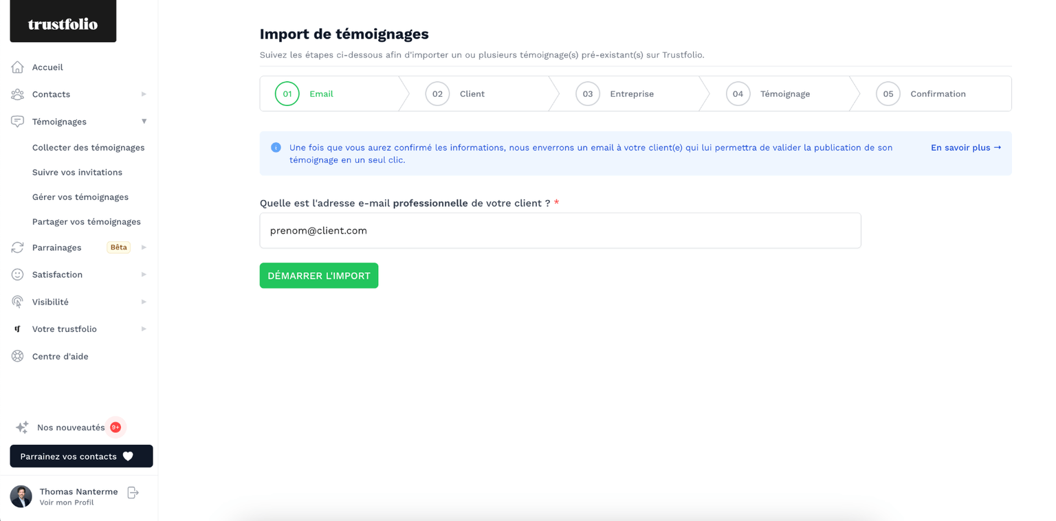 Import d'un témoignage client individuel